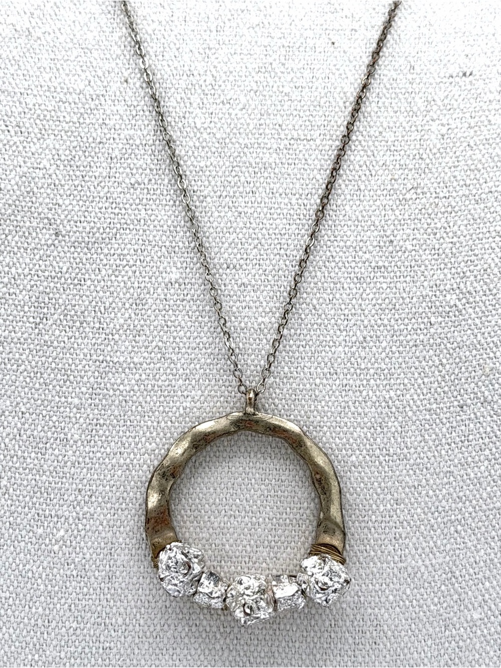 Brutalist-Style Circle Pendant Raw Silver Cluster Elements Wire-Wrapped Necklace